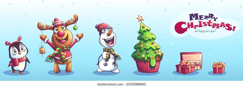 Hand-drawn 100 vector image. Digital illustration. Set of Christmas and New Year characters and objects. Horizontal bright light background with penguin, deer, snowman, Christmas tree, gift boxes