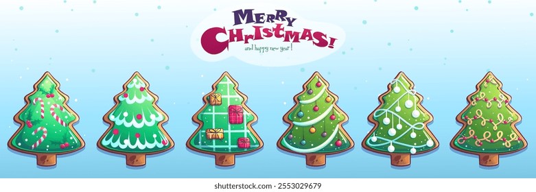 Hand-drawn 100 vector image. Digital illustration. Set of Christmas and New Year characters and objects. Horizontal bright light background with Christmas tree