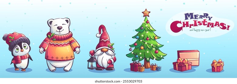 Hand-drawn 100 vector image. Digital illustration. Set of Christmas and New Year characters and objects. Horizontal bright light background with penguin, polar bear, gnome, Christmas tree, gift boxes