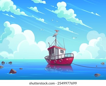 Imagen de 100 Vectores dibujada a mano.  Barco de pesca en el mar. Barco en la ola del océano. Cielo azul y barcaza en el paisaje del Vector del agua. Nave con pelícano en el mástil en el entorno natural, dibujo de dibujos animados para el diseño.