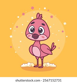 Hand-drawn 100 vector image.  Flamingo cute childish cartoon illustration. Vector flamingo isolated on yellow background 