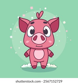 Hand-drawn 100 vector image. Flat cartoon pig, farm logo design, cute cartoon pig on cloud isolated on green background, vector illustration.