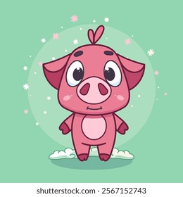 Hand-drawn 100 vector image. Flat cartoon pig, farm logo design, cute cartoon pig on cloud isolated on green background, vector illustration.