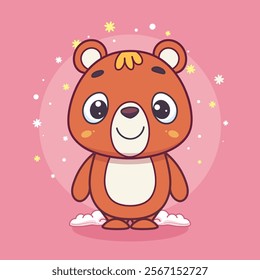 Hand-drawn 100 vector image. Funny teddy bear standing on clouds, cute animal illustration for kids. Children's cartoon of adorable happy smiling bear, isolated vector clipart.