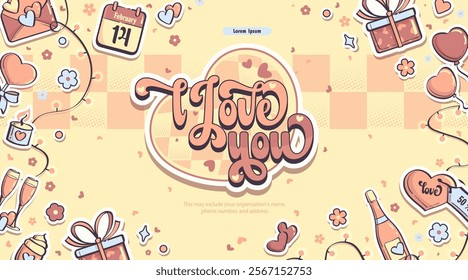 Hand-drawn 100 vector image. Horizontal cute illustration valentin's day items set. Soft pastel colors watercolor for packaging or other
