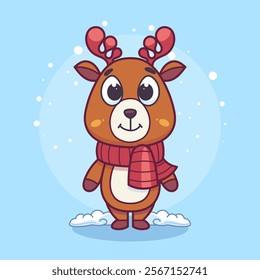 Hand-drawn 100 vector image. Illustration of happy cartoon christmas deer with scarf. Vector character on clouds.