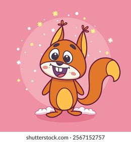 Hand-drawn 100 vector image. Illustration of a cartoon cute red squirrel standing on a cloud on a pink background