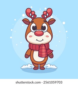 Hand-drawn 100 vector image. Little deer isolated on blue. Deer in red scarf. Smiling cartoon character. Vector illustration