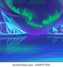 Imagen de 100 Vectores dibujada a mano. Aurora boreal. Paisaje de Vector polar ártico. Invierno del norte y fondo de dibujos animados de glaciares de icebergs. Icebergs bajo cielo estrellado en el medio marino.