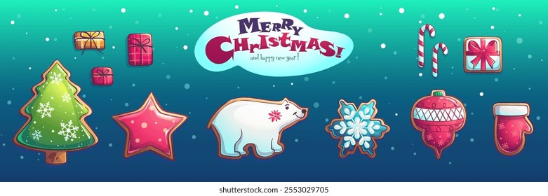 Hand-drawn 100 vector image. Set of Christmas and New Year characters and objects. Horizontal bright light background with star, polar bear, toy, Christmas tree, mitten, gift boxes, lollipop