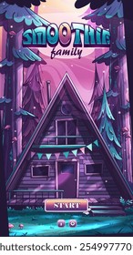 Imagen de 100 Vectores dibujada a mano.  Smoothie familia - ventana de inicio - paisaje de invierno de Vertical de dibujos animados con casa de madera cubierta de nieve en el bosque. Casa de madera entre los ventisqueros. 