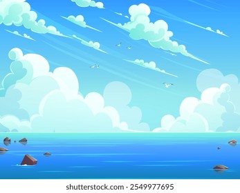Hand-drawn 100 vector image. Summer ocean landscape. Vector cartoon illustration of daytime background with sea water, stones in water, blue sky with fluffy white clouds, background for travel game