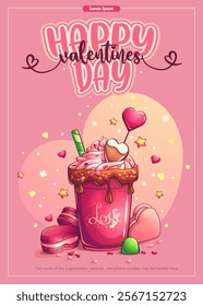 Hand-drawn 100 vector image.  Valentine's day vertical banner template with heart shaped gift cookie, glass of coffee with hot chocolate and cream. Valentine's day poster or banner vector.