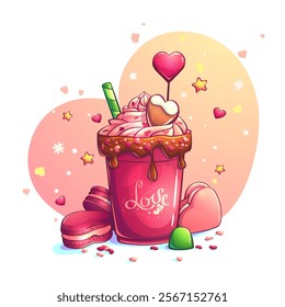 Hand-drawn 100 vector image.  Valentine's day banner template with heart shaped gift cookie, glass of coffee with hot chocolate and cream. Valentine's day poster or banner vector. 