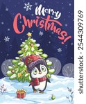 Hand-drawn 100 vector image. Vertical christmas card. Cartoon little penguin, Christmas box with gifts, Christmas tree toys against the background of the snow night sky