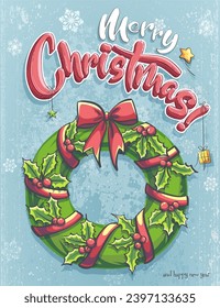 Hand-drawn 100% vector image. Vertical illustration Christmas wreath of holly with red ribbon, rowan berries, holly and gifts. Green leaf with a greeting Merry Christmas text.