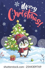 Imagen de 100 Vectores dibujada a mano. Vertical de la tarjeta de Navidad. Pequeño pingüino de la historieta, caja de las Navidades con los regalos, juguetes del árbol de navidad contra el fondo del cielo de la noche de la nieve