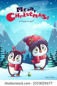 Imagen de 100 Vectores dibujada a mano. Vertical de la tarjeta de Navidad. Dibujos animados de dos pingüinos divertidos, caja de Navidades con regalos, juguetes del árbol de Navidad contra el fondo del cielo nevado