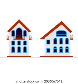 Hand-drawn 2 houses with brown roof, arched windows, balcony, vector illustration in flat style