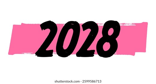 Hand-Drawn 2028 Vector Design on a Pink Brushed Paint. Colorful Poster Art, New Year  Sign, Isolated on White Background.