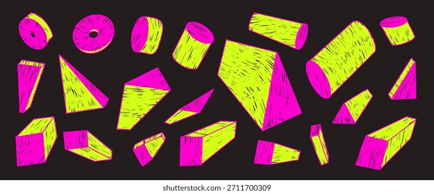 Formas geométricas abstractas 3d dibujadas a mano con textura de crayón. Coloridos Elementos de geometría de neón. cilindro, formas triangulares en marcadores ingenuos garabatos. cubos, figuras de Vector ovaladas para un fondo juguetón.