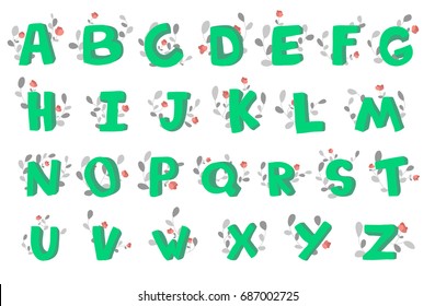 Hand-drawn 3d doodle alphabet, decorated with flowering plants. Vector font illustration on white backgrounds.