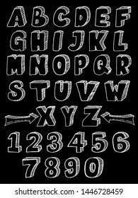 Hand-drawn 3D font and numbers. uppercase letters. isolated on black background. vector illustration