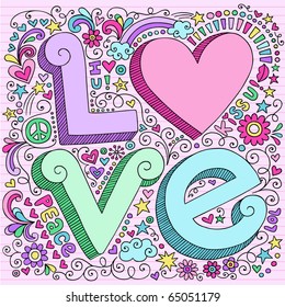 Hand-Drawn 3D LOVE Lettering Psychedelic Groovy Notebook Doodle  Design Elements on Pink Lined Sketchbook Paper Background- Vector Illustration