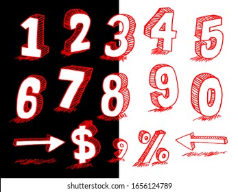 Hand-drawn 3D numbers. the doodle numbers for children's themes