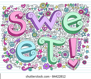 Hand-Drawn 3D SWEET Valentine's Lettering Psychedelic Groovy Notebook Doodle Design Elements on Lined Sketchbook Paper Background- Vector Illustration