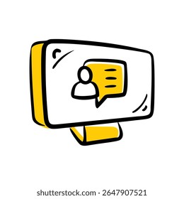 A hand-drawn, 3D-style illustration of a computer monitor. The screen features a simple user icon and a yellow speech bubble, symbolizing online communication and user interaction.
