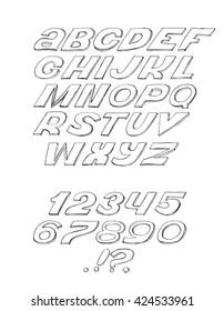 Hand-drawn ABC letters, isolated on white background. Hand drawn ink 3d font, funky and grunge alphabet, vector graphic illustration. Scratched, inclined letters, can be used for creative lettering.