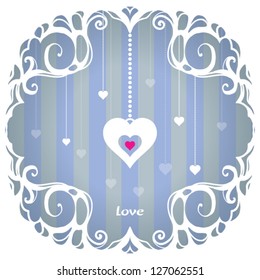 hand-drawn abstract background with romantic light lace frame and hearts
