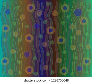 Hand-drawn abstract background smooth neon lines and waves with circles on a multi-colored background.