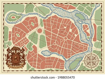 Hand-drawn abstract city map with ornate Coat of arms, wind rose and compass sign. Town streets with parks, districts, river on vintage beige backdrop. Colored vector urban roads plan in retro style