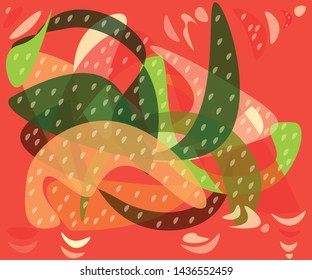 Hand-drawn abstract composition of geometric shapes with splashes on a red background