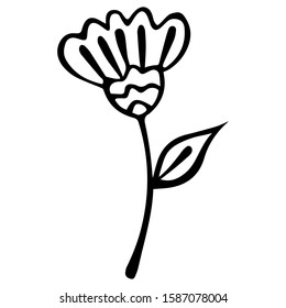 Hand-drawn abstract cute black and white flower with wavy lines. Isolated antistress coloring. Vector.