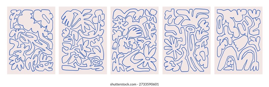 Cartazes de rabiscos abstratos desenhados à mão, fundos definidos. Desenhos de arte de linha moderna de formas fluidas, formas padrão. Desenhos de cartões florais com texturas esboçadas. Ilustrações de vetor de esboço desenhadas à mão