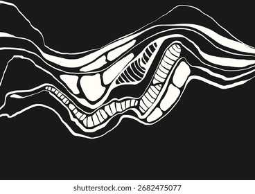 Ilustración vectorial de doodle abstracta dibujada a mano en blanco y negro con Formas geométricas, puntos y líneas, ideal para fondos, arte o proyectos de diseño.