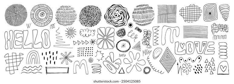 Hand-drawn abstract doodles and shapes on white background