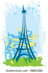 hand-drawn abstract Eiffel tower with yellow background, for card, invitation