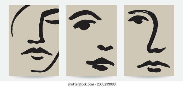 Hand-drawn abstract face illustrations. Trendy vector art prints.