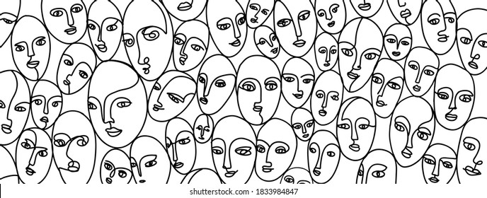 Hand-drawn abstract faces. Black lines form a pattern of human emotions. Creative vector concept about psychology, diversity of human emotions in thendy style.