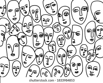 Caras abstractas dibujadas a mano. Las líneas negras forman un patrón de emociones humanas. Concepto vectorial creativo acerca de la psicología, diversidad de emociones humanas al estilo de moda.