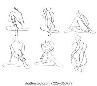 Hand-drawn abstract females figure sitting pose continues line art