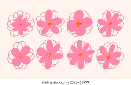 Hand-Drawn Abstract Floral Blossom Shape. A collection of hand-drawn abstract floral blossoms with soft pink petals and intricate line details