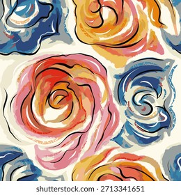 Patrón floral abstracto dibujado a mano con contornos de tinta suelta y colores suaves de estilo acuarela, con rosas expresivas y textura de boceto artístico.