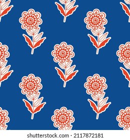 Hand-drawn abstract floral seamless pattern on blue. Repeating flower vector pattern. Print in ditsy folk.