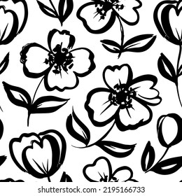 Hand-drawn abstract flowers seamless pattern. Black botanical ornament with floral motif in sketchy style. Roses, peonies, anemones blooming. Pattern for fabric, wrapping paper, wallpaper design