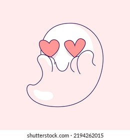 Hand-drawn abstract funny cute comic book ghost. Image of a spirit with a heart instead of eyes